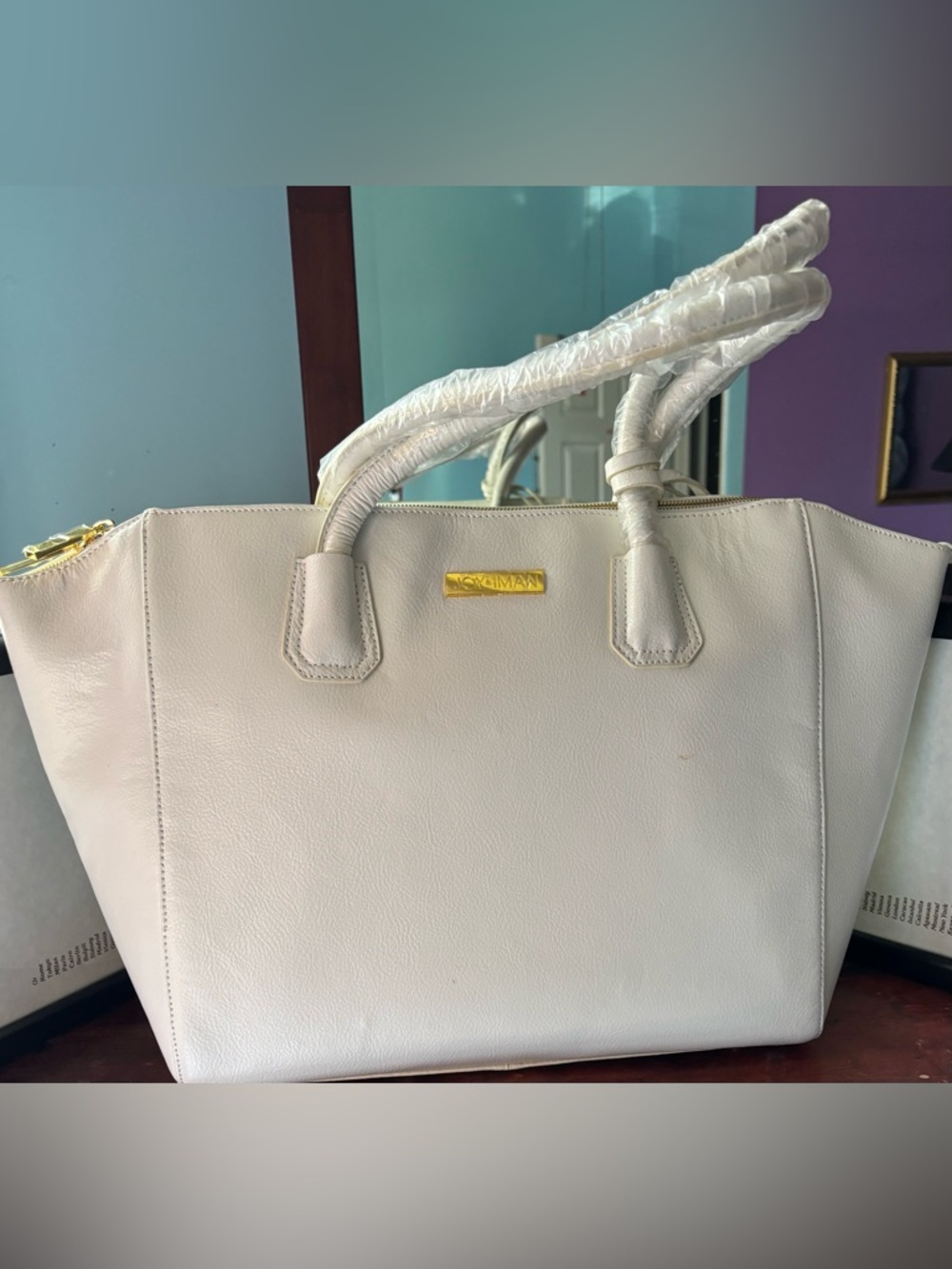 Joy & Iman White Tote with Gold Logo